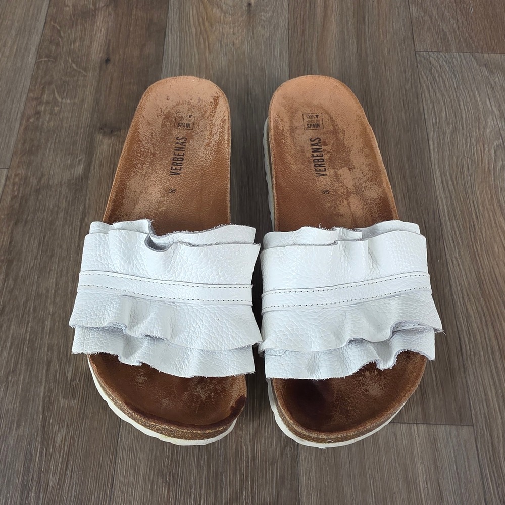 White Ruffle Slide Sandals - Women's Slip-On Comfort